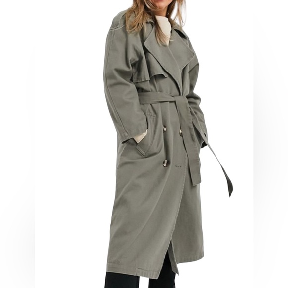 ASOS Overzized Cavas Double Breast Trench Coat Army Green - Picture 2 of 10